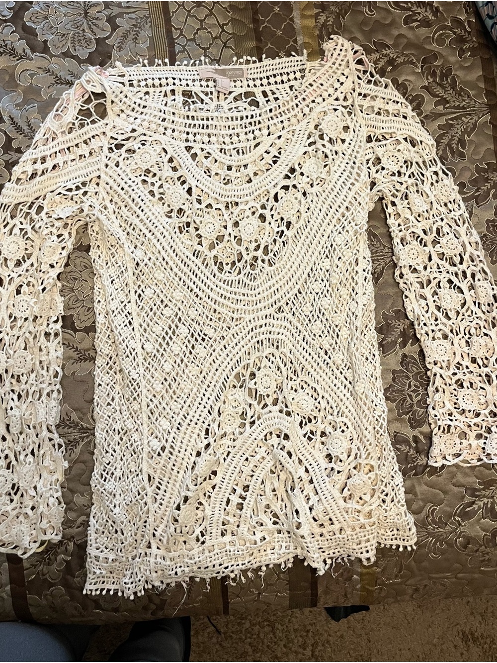 Crochet Openwork Long Sleeve  cover / short dress- Ivory